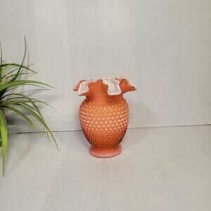 Vintage Fenton Coral Hobnail Vase, Ruffle 6" Salmon Overlay